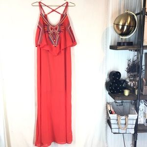 Sheer Embroidered Strap Coral Maxi Dress NWOT L